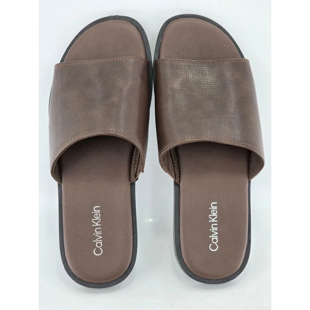 Calvin Klein Slide Sandals Mens Size 9 Brown Perforated Faux Leather -Excellent